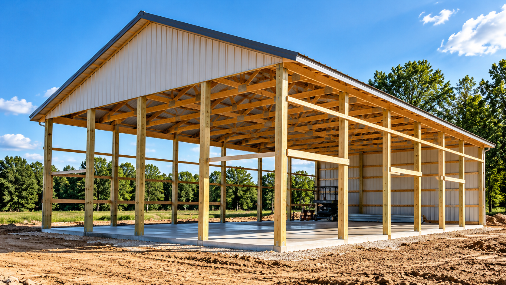 Post-frame pole barn under construction with exposed timber framing and metal roof